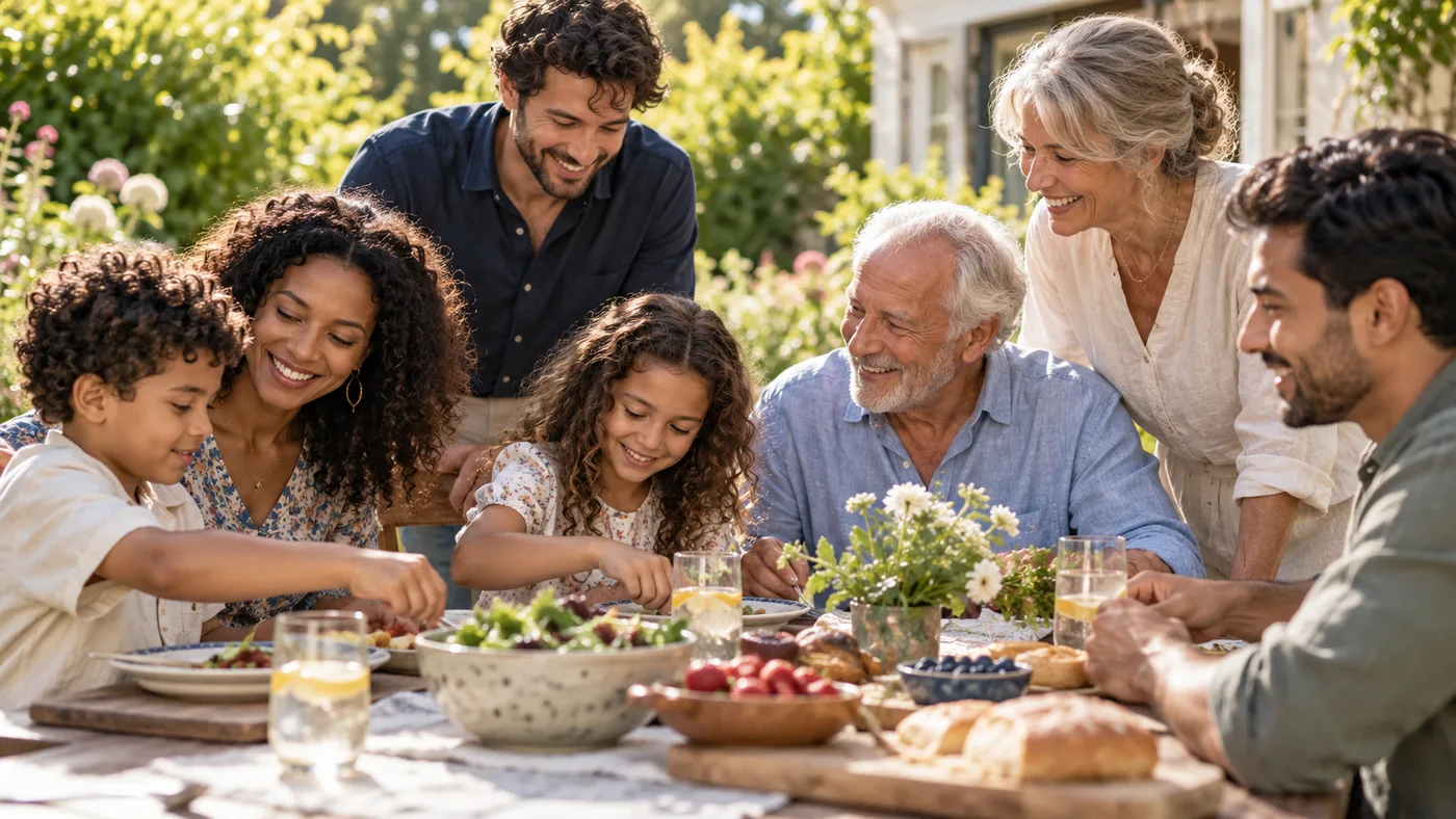 Illustrative multigenerational family sharing time together outdoors