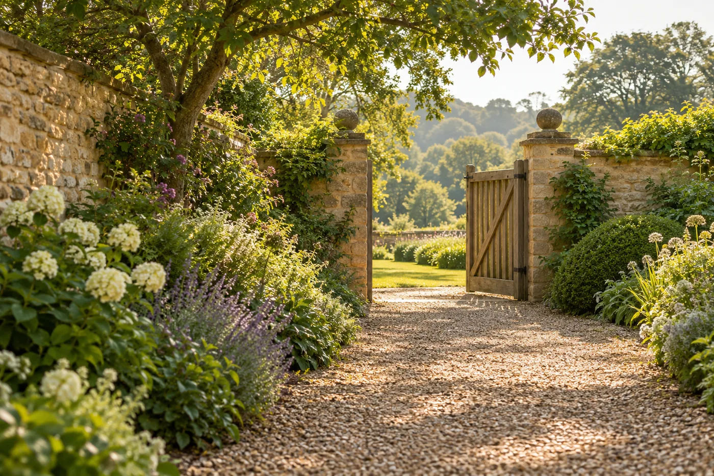 Illustrative sunlit garden path through an open gate